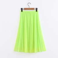 Women Fluorescent Green Pleated Tulle Skirt Neon Skirt Summer Bright Elastic Waist Knee-Length Mesh Skirt